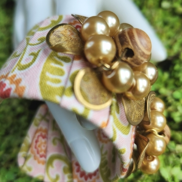 LENORA DAME Anthro Pleats Cottage Floral Fabric Gems Pearls Metal Cuff Bracelet - Picture 13 of 16